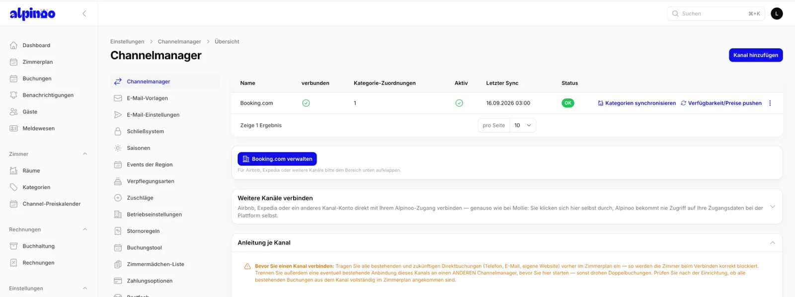 alpinoo Channelmanager Übersicht mit Verbindungsstatus und letztem Sync
